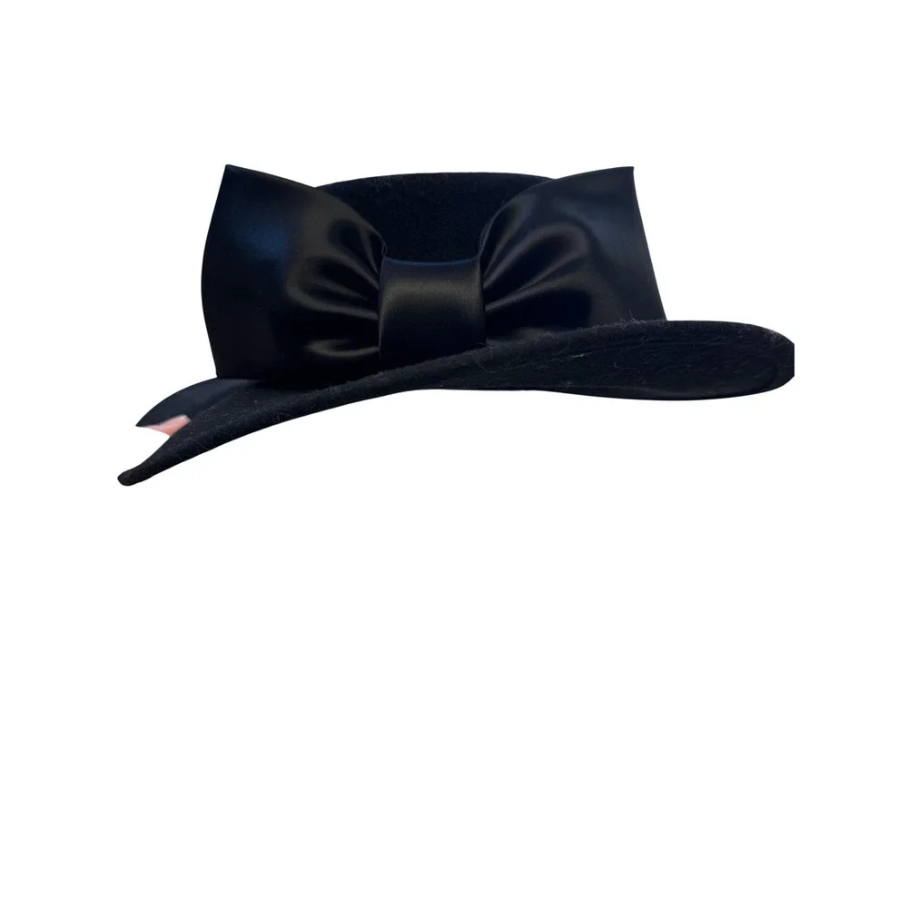 Michael Howard Vintage Black‎ 100% Wool Pillbox Hat Oversized Satin Bow Made USA